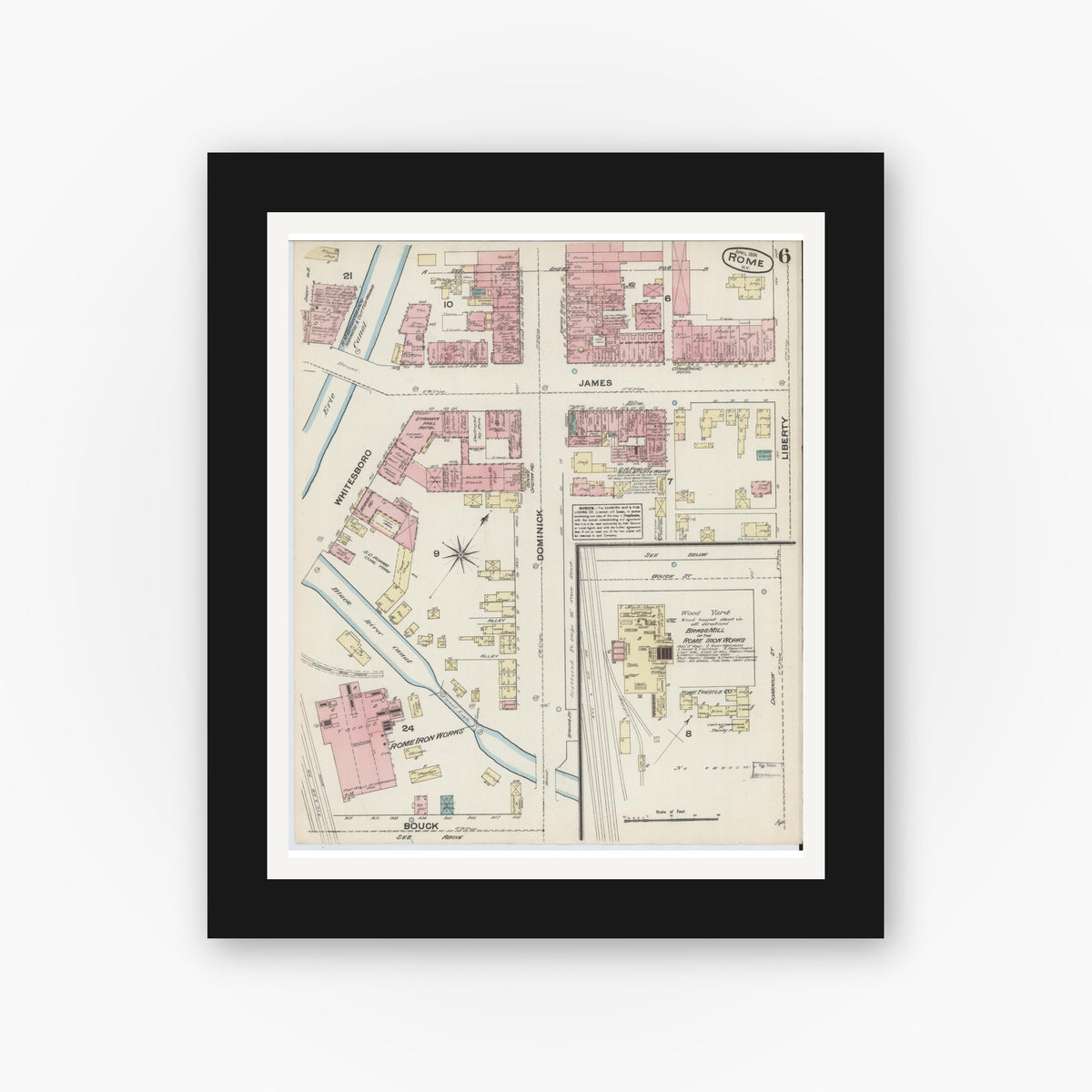 Old map wall art mockup — black gallery frame with white mat — Sanborn Fire Insurance Map from Rome, Oneida County, New York (1884), Sheet #0006