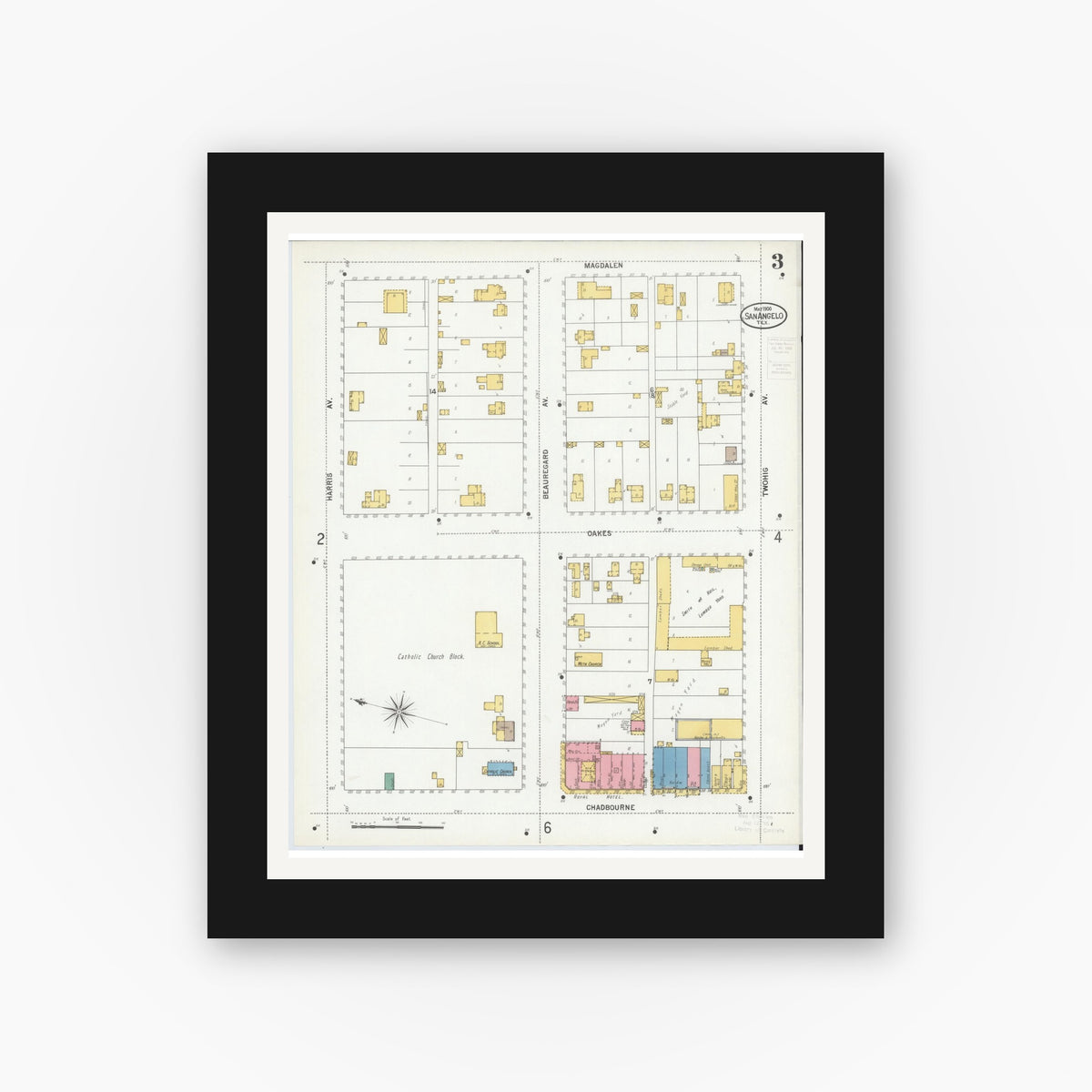 Old map wall art mockup — black gallery frame with white mat — Sanborn Fire Insurance Map from San Angelo, Tom Green County, Texas (1900), Sheet #0003