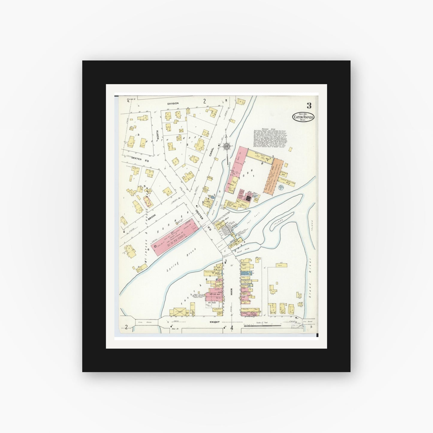 Old map wall art mockup — black gallery frame with white mat — Sanborn Fire Insurance Map from Eaton Rapids, Eaton County, Michigan (1911), Sheet #0003