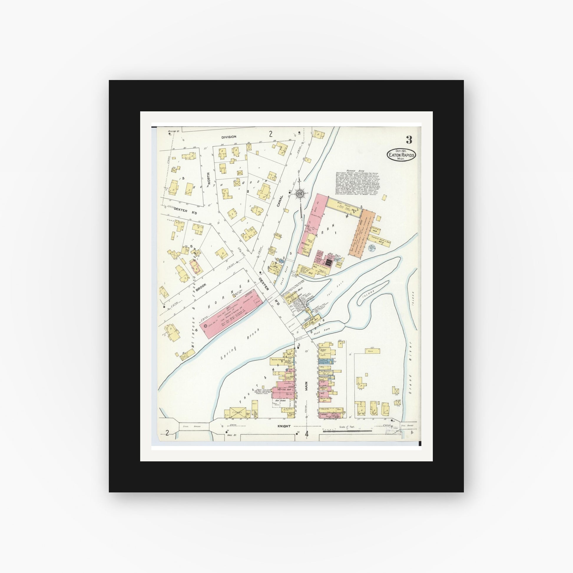 Old map wall art mockup — black gallery frame with white mat — Sanborn Fire Insurance Map from Eaton Rapids, Eaton County, Michigan (1911), Sheet #0003