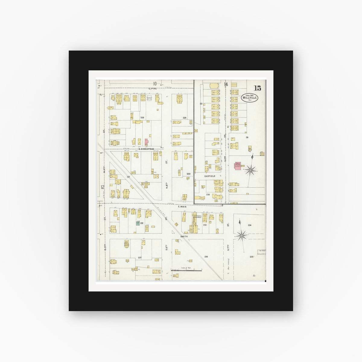 Old map wall art mockup — black gallery frame with white mat — Sanborn Fire Insurance Map from Millville, Cumberland County, New Jersey (1903), Sheet #0015