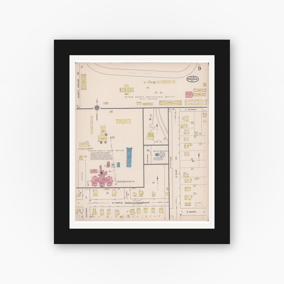 Old map wall art mockup — black gallery frame with white mat — Sanborn Fire Insurance Map from Viroqua, Vernon County, Wisconsin (1922), Sheet #0009