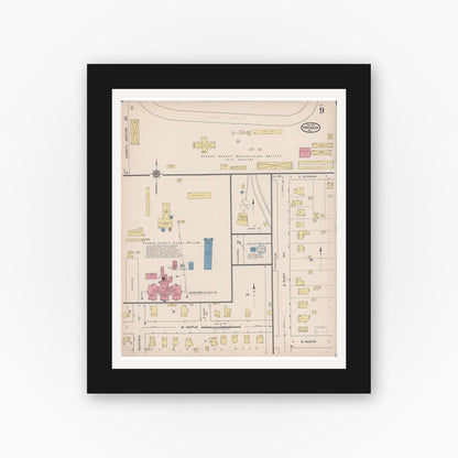 Old map wall art mockup — black gallery frame with white mat — Sanborn Fire Insurance Map from Viroqua, Vernon County, Wisconsin (1922), Sheet #0009