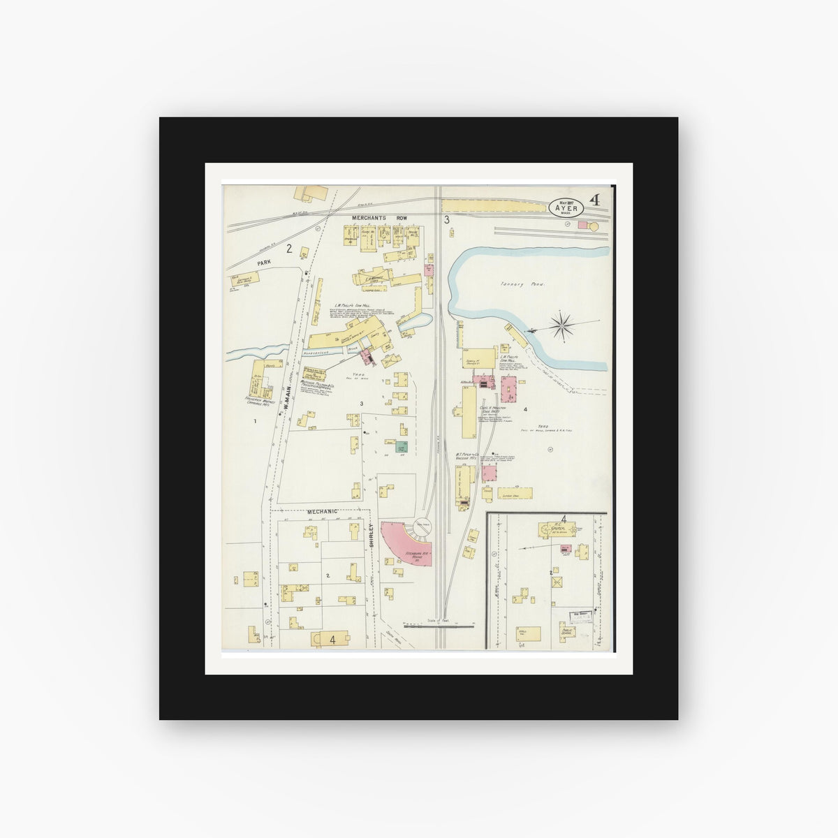 Old map wall art mockup — black gallery frame with white mat — Sanborn Fire Insurance Map from Ayer, Middlesex County, Massachusetts (1897), Sheet #0004