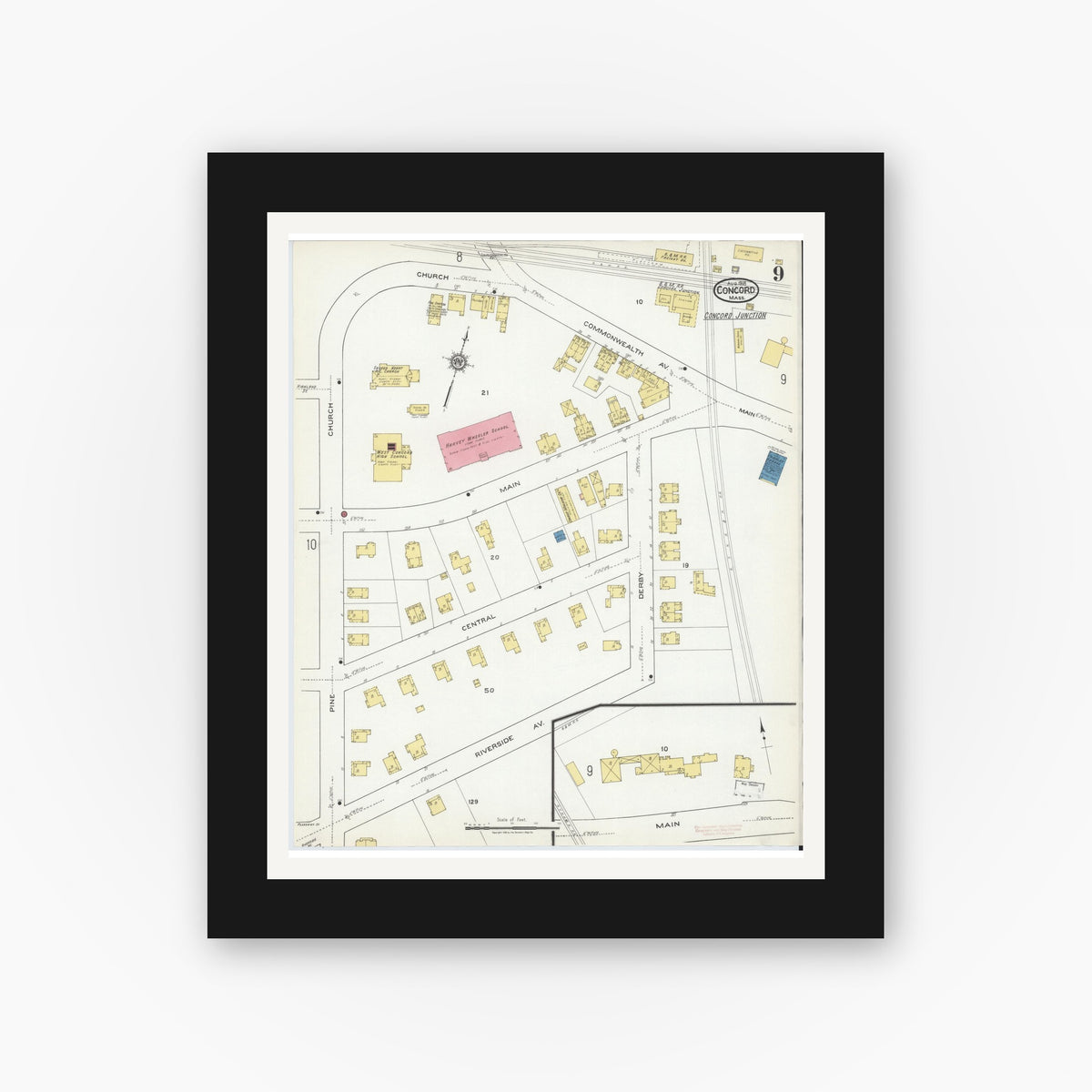 Old map wall art mockup — black gallery frame with white mat — Sanborn Fire Insurance Map from Concord, Middlesex County, Massachusetts (1918), Sheet #0009
