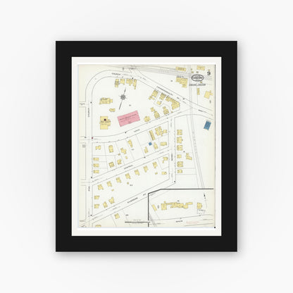 Old map wall art mockup — black gallery frame with white mat — Sanborn Fire Insurance Map from Concord, Middlesex County, Massachusetts (1918), Sheet #0009