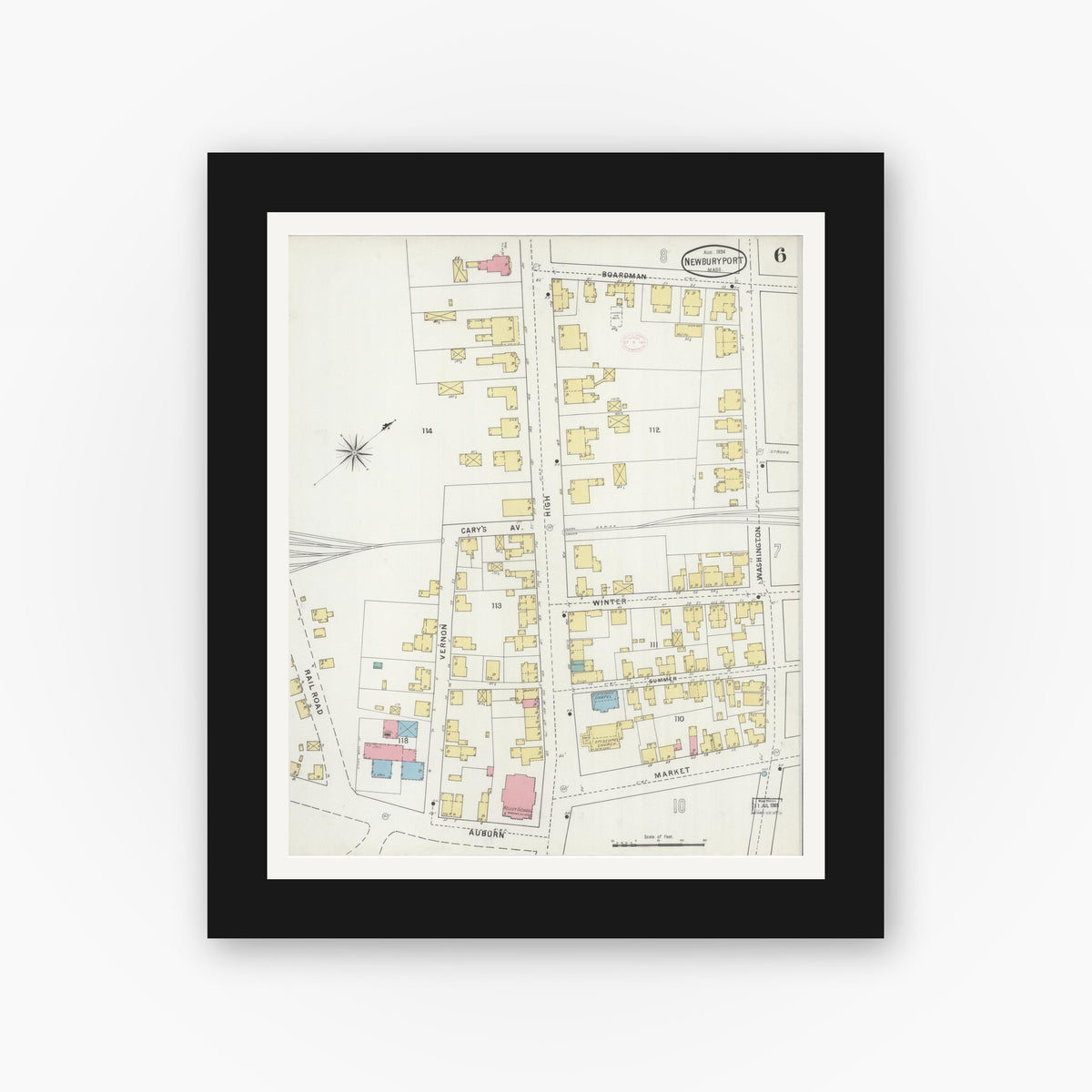 Old map wall art mockup — black gallery frame with white mat — Sanborn Fire Insurance Map from Newburyport, Essex County, Massachusetts (1894), Sheet #0006