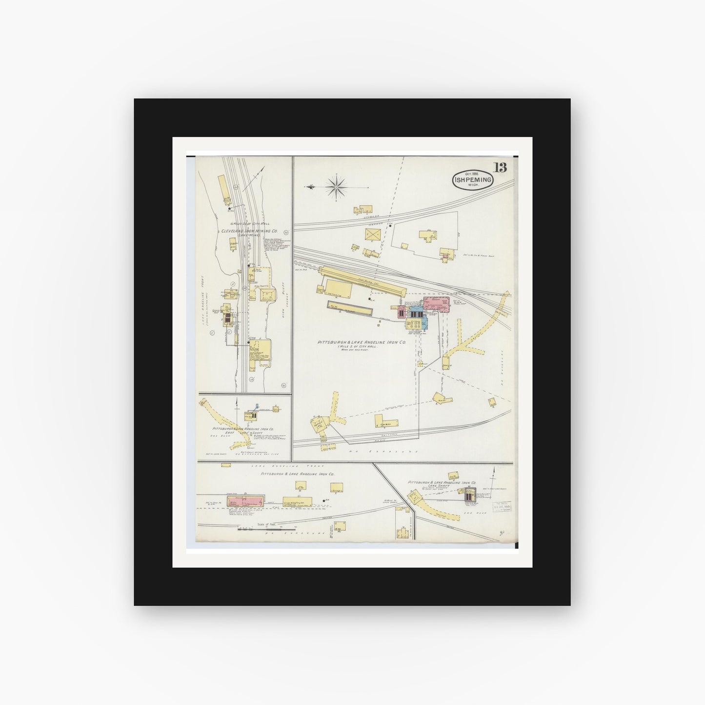Old map wall art mockup — black gallery frame with white mat — Sanborn Fire Insurance Map from Ishpeming, Marquette County, Michigan (1892), Sheet #0013