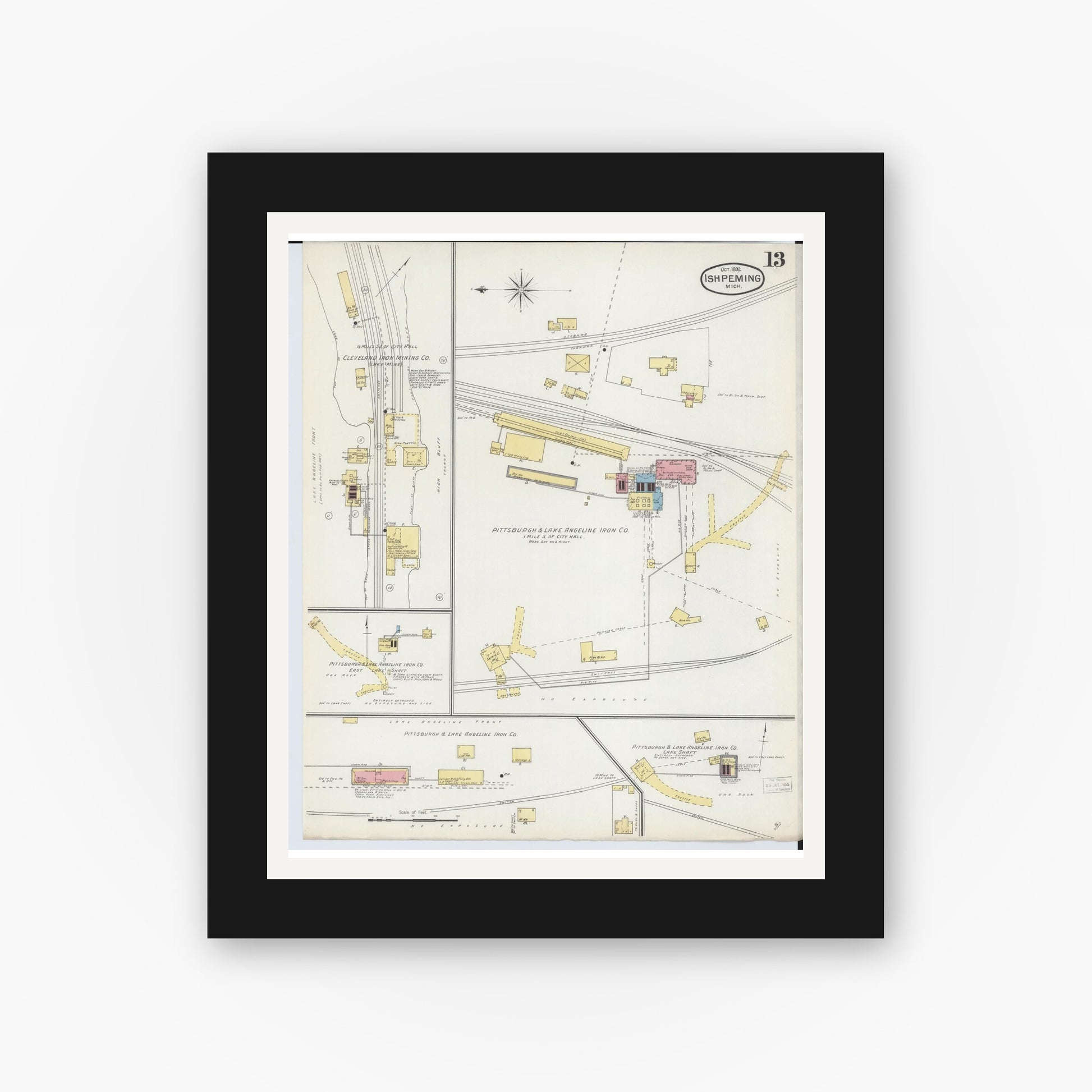 Old map wall art mockup — black gallery frame with white mat — Sanborn Fire Insurance Map from Ishpeming, Marquette County, Michigan (1892), Sheet #0013