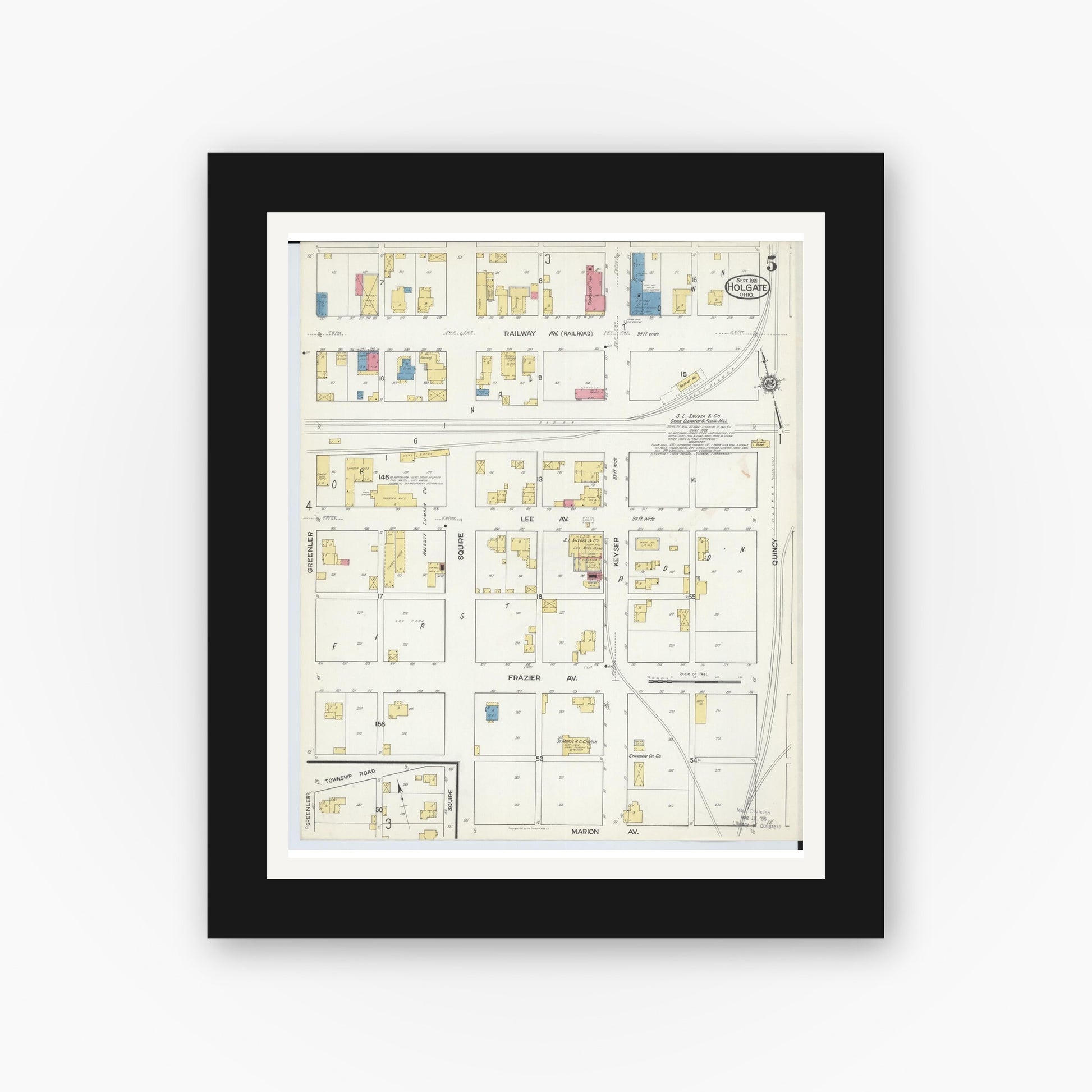Old map wall art mockup — black gallery frame with white mat — Sanborn Fire Insurance Map from Holgate, Henry County, Ohio (1916), Sheet #0005