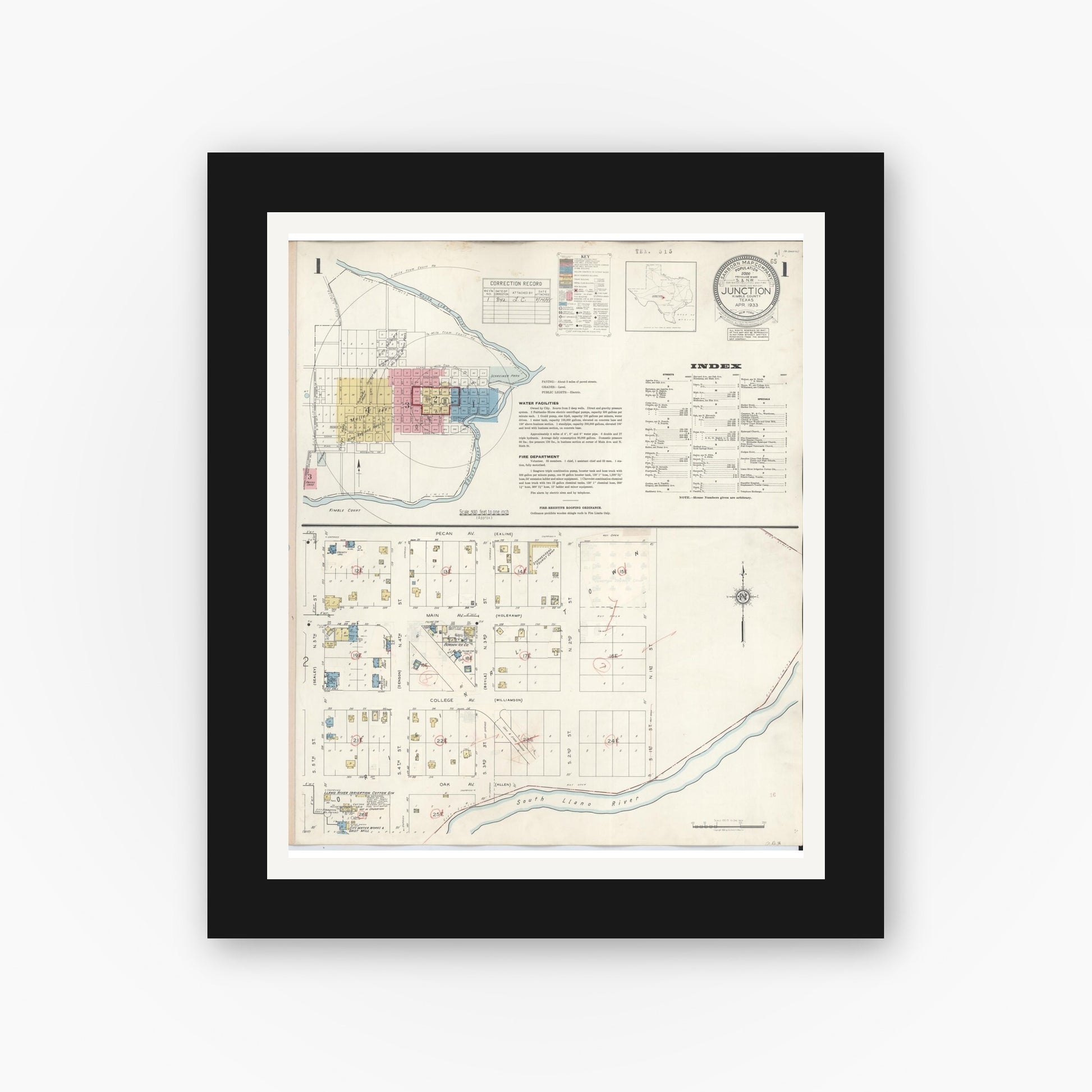 Old map wall art mockup — black gallery frame with white mat — Sanborn Fire Insurance Map from Junction, Kimble County, Texas (1942), Sheet #0001