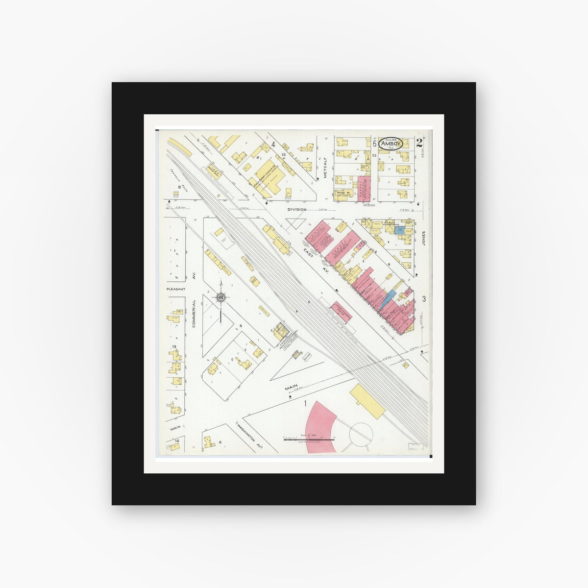 Old map wall art mockup — black gallery frame with white mat — Sanborn Fire Insurance Map from Amboy, Lee County, Illinois (1918), Sheet #0002