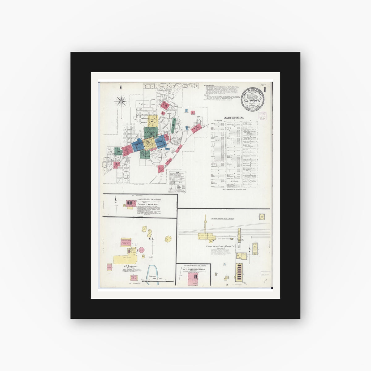 Old map wall art mockup — black gallery frame with white mat — Sanborn Fire Insurance Map from Collinsville, Madison County, Illinois (1907) - Complete Map Set