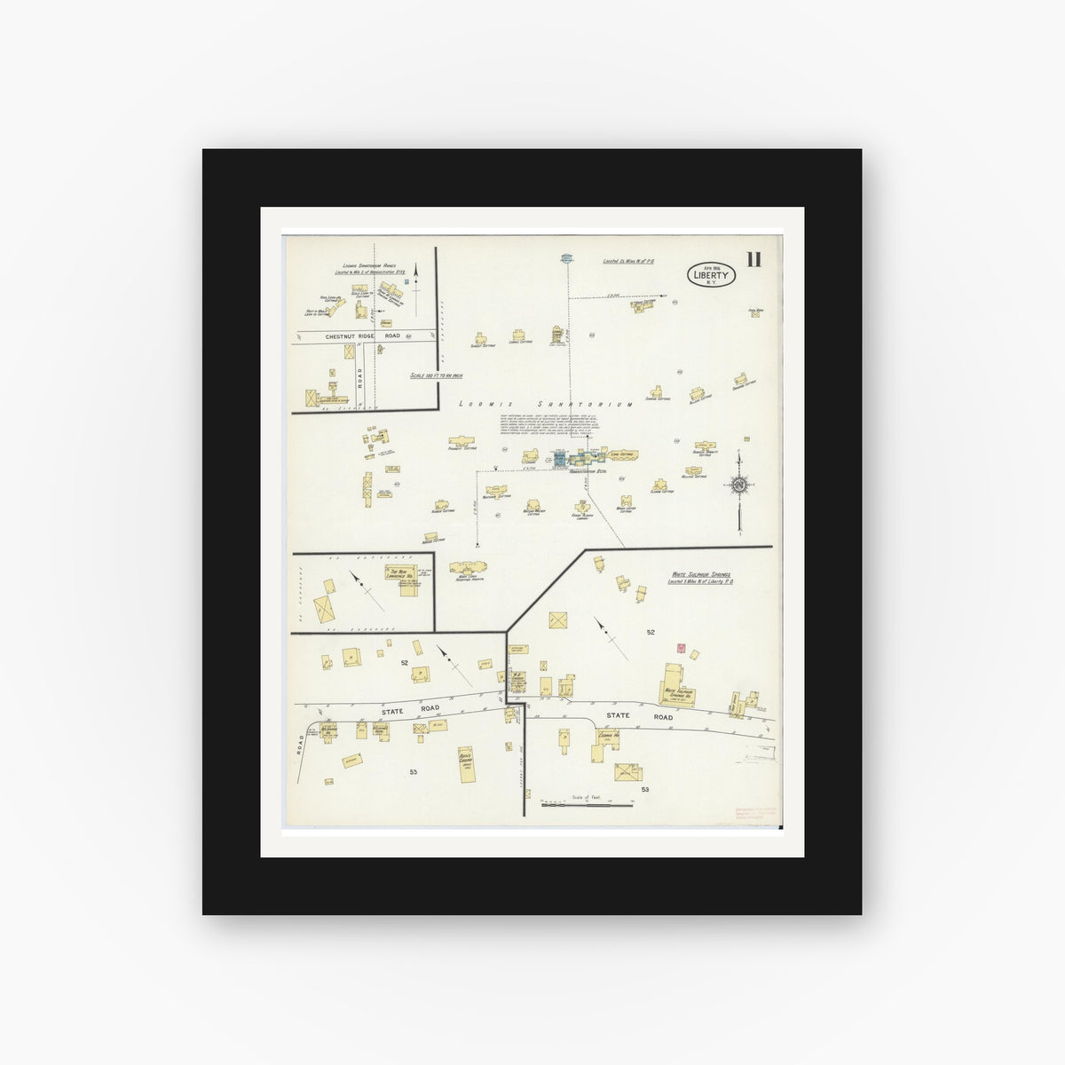 Old map wall art mockup — black gallery frame with white mat — Sanborn Fire Insurance Map from Liberty, Sullivan County, New York (1916), Sheet #0011