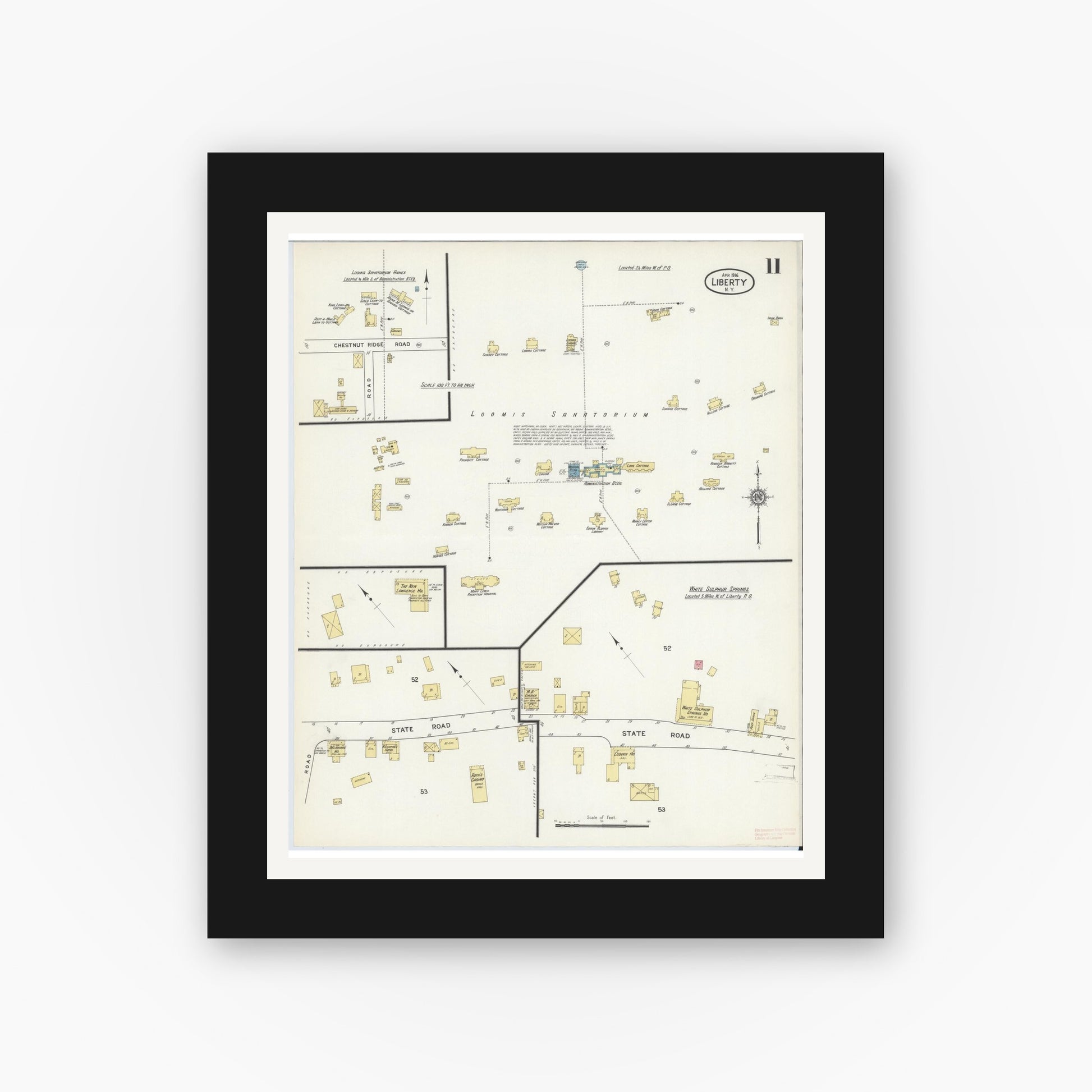Old map wall art mockup — black gallery frame with white mat — Sanborn Fire Insurance Map from Liberty, Sullivan County, New York (1916), Sheet #0011