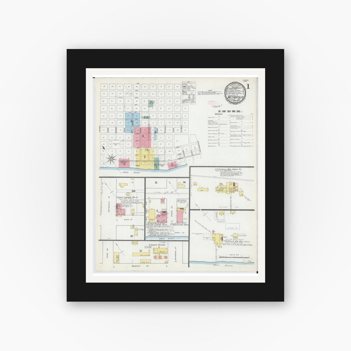 Old map wall art mockup — black gallery frame with white mat — Sanborn Fire Insurance Map from Metropolis, Massac County, Illinois (1892) - Complete Map Set