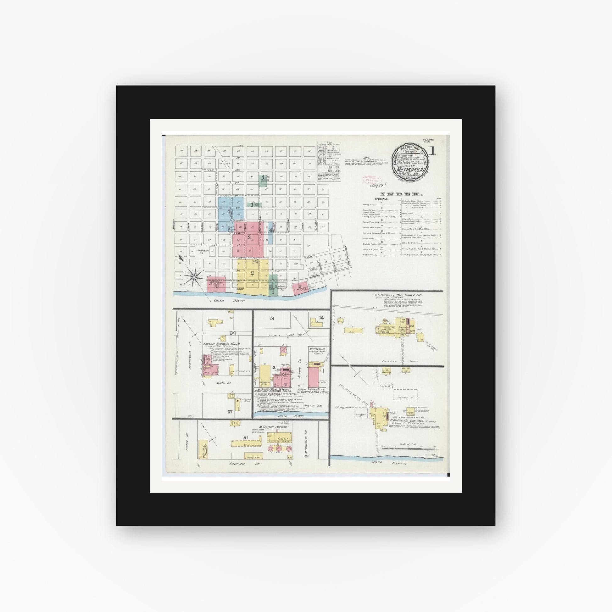 Old map wall art mockup — black gallery frame with white mat — Sanborn Fire Insurance Map from Metropolis, Massac County, Illinois (1892) - Complete Map Set