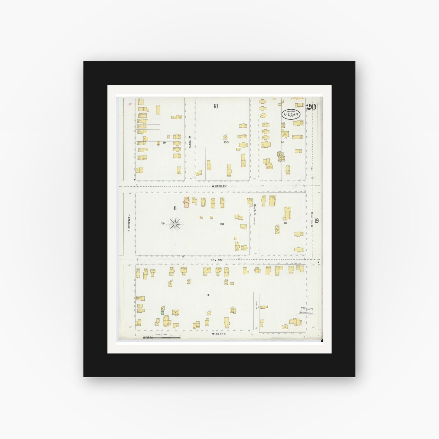 Old map wall art mockup — black gallery frame with white mat — Sanborn Fire Insurance Map from Olean, Cattaraugus County, New York (1898), Sheet #0020