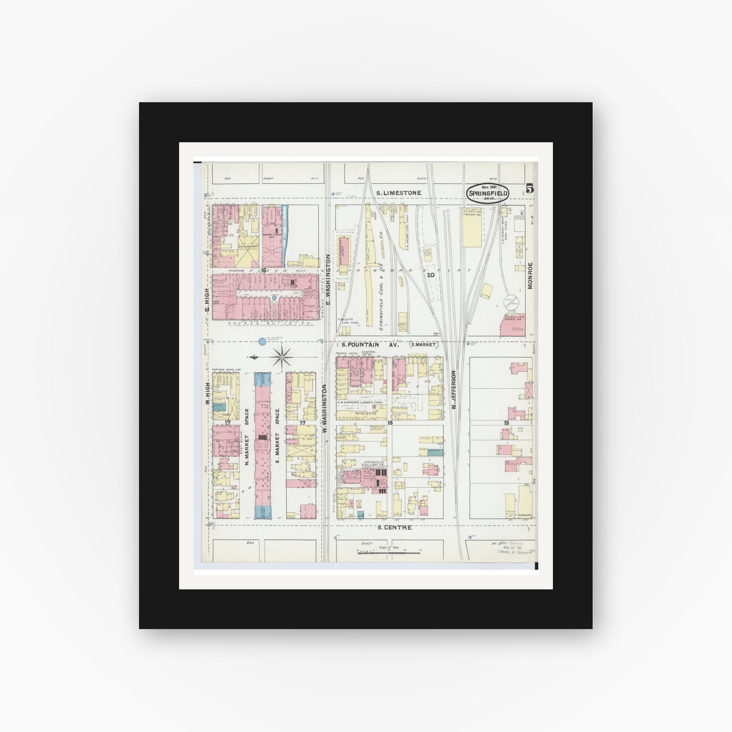 Old map wall art mockup — black gallery frame with white mat — Sanborn Fire Insurance Map from Springfield, Clark County, Ohio (1891), Sheet #0005