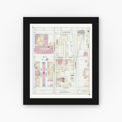 Old map wall art mockup — black gallery frame with white mat — Sanborn Fire Insurance Map from Springfield, Clark County, Ohio (1891), Sheet #0005