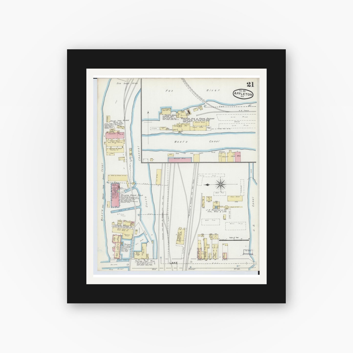 Old map wall art mockup — black gallery frame with white mat — Sanborn Fire Insurance Map from Appleton, Outagamie County, Wisconsin (1891), Sheet #0021