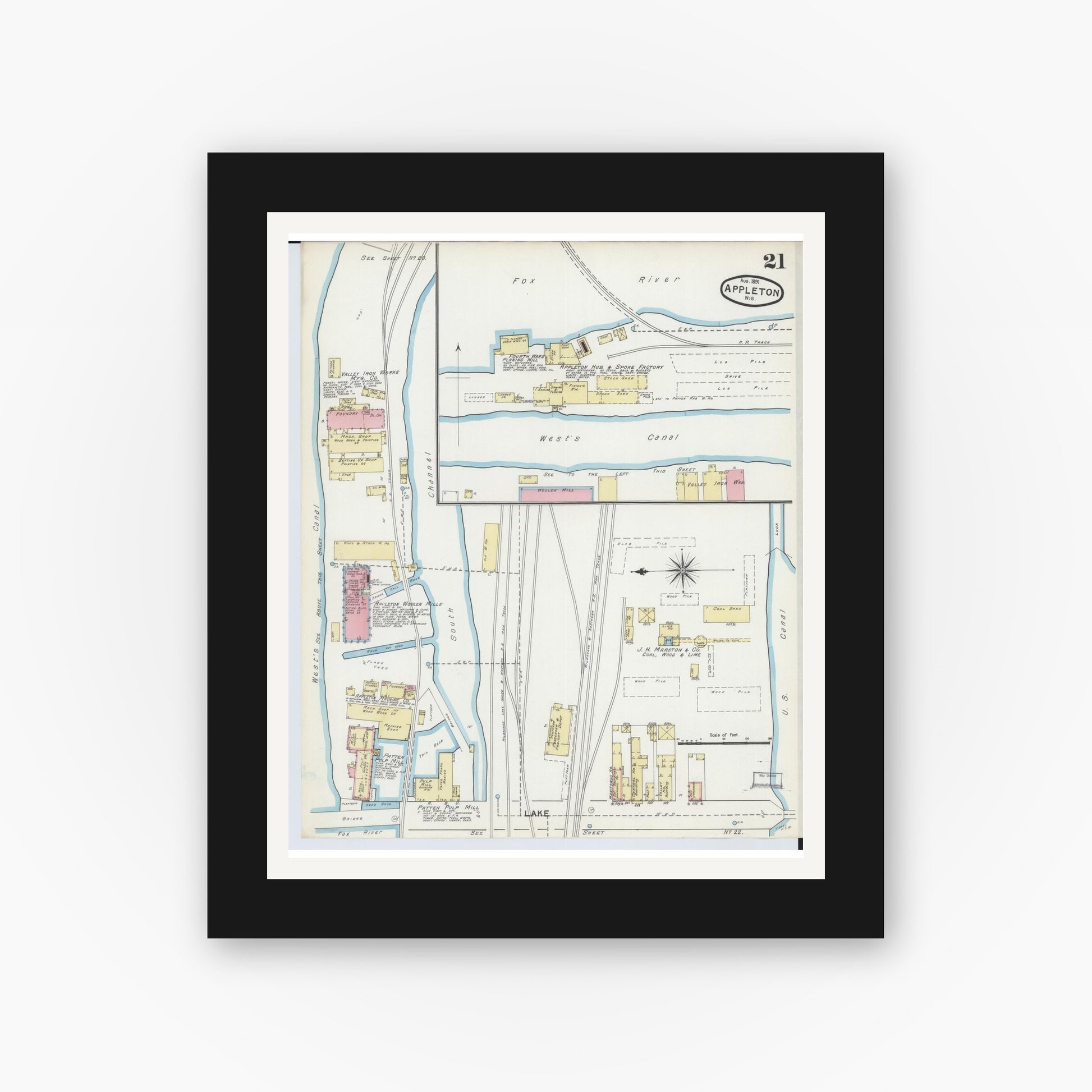 Old map wall art mockup — black gallery frame with white mat — Sanborn Fire Insurance Map from Appleton, Outagamie County, Wisconsin (1891), Sheet #0021
