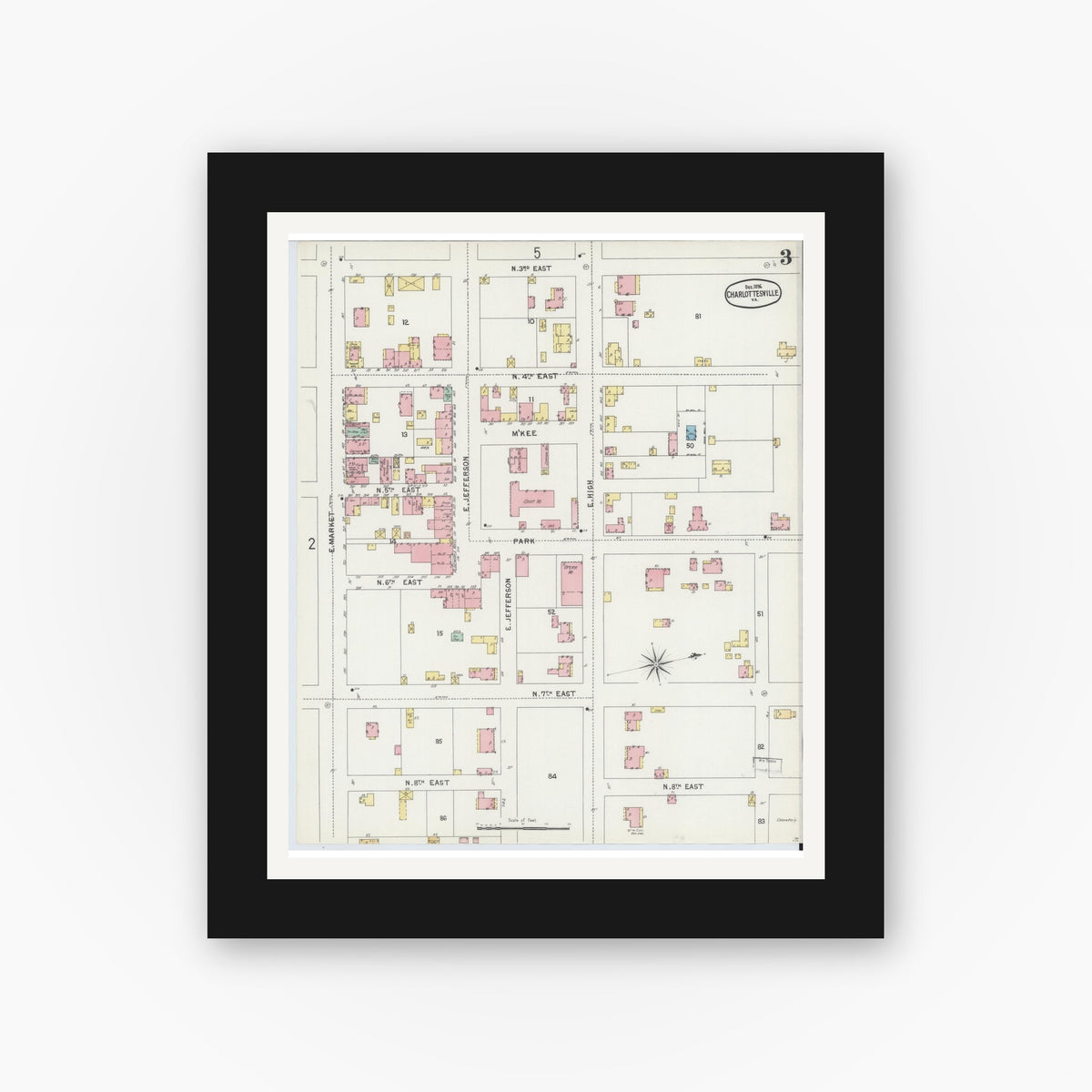 Old map wall art mockup — black gallery frame with white mat — Sanborn Fire Insurance Map from Charlottesville, Independent Cities, Virginia (1896), Sheet #0003