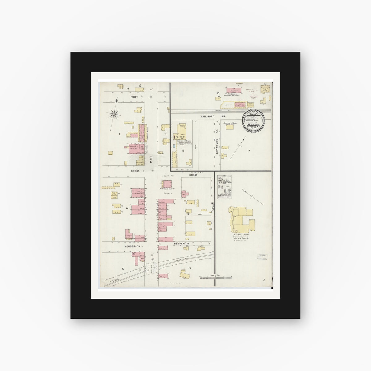 Old map wall art mockup — black gallery frame with white mat — Sanborn Fire Insurance Map from Marion, Mcdowell County, North Carolina (1896), Sheet #0001