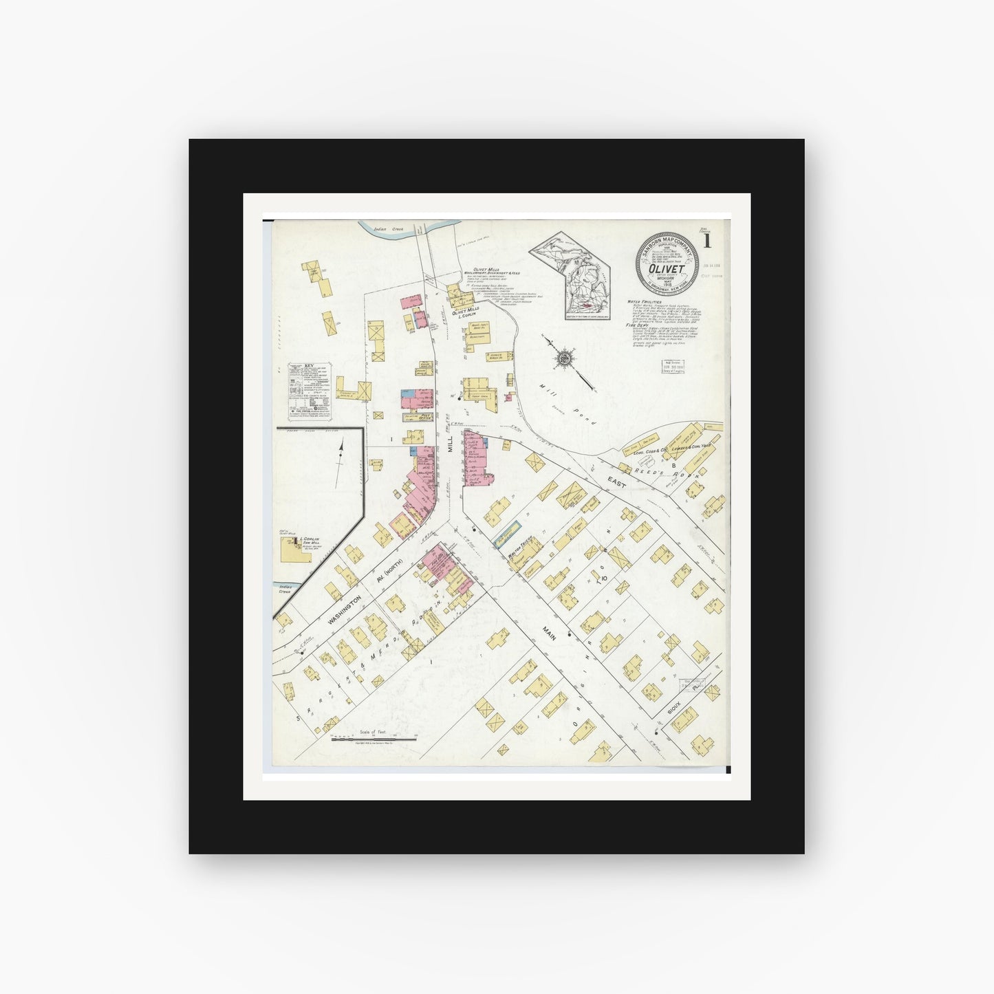 Old map wall art mockup — black gallery frame with white mat — Sanborn Fire Insurance Map from Olivet, Eaton County, Michigan (1918) - Complete Map Set