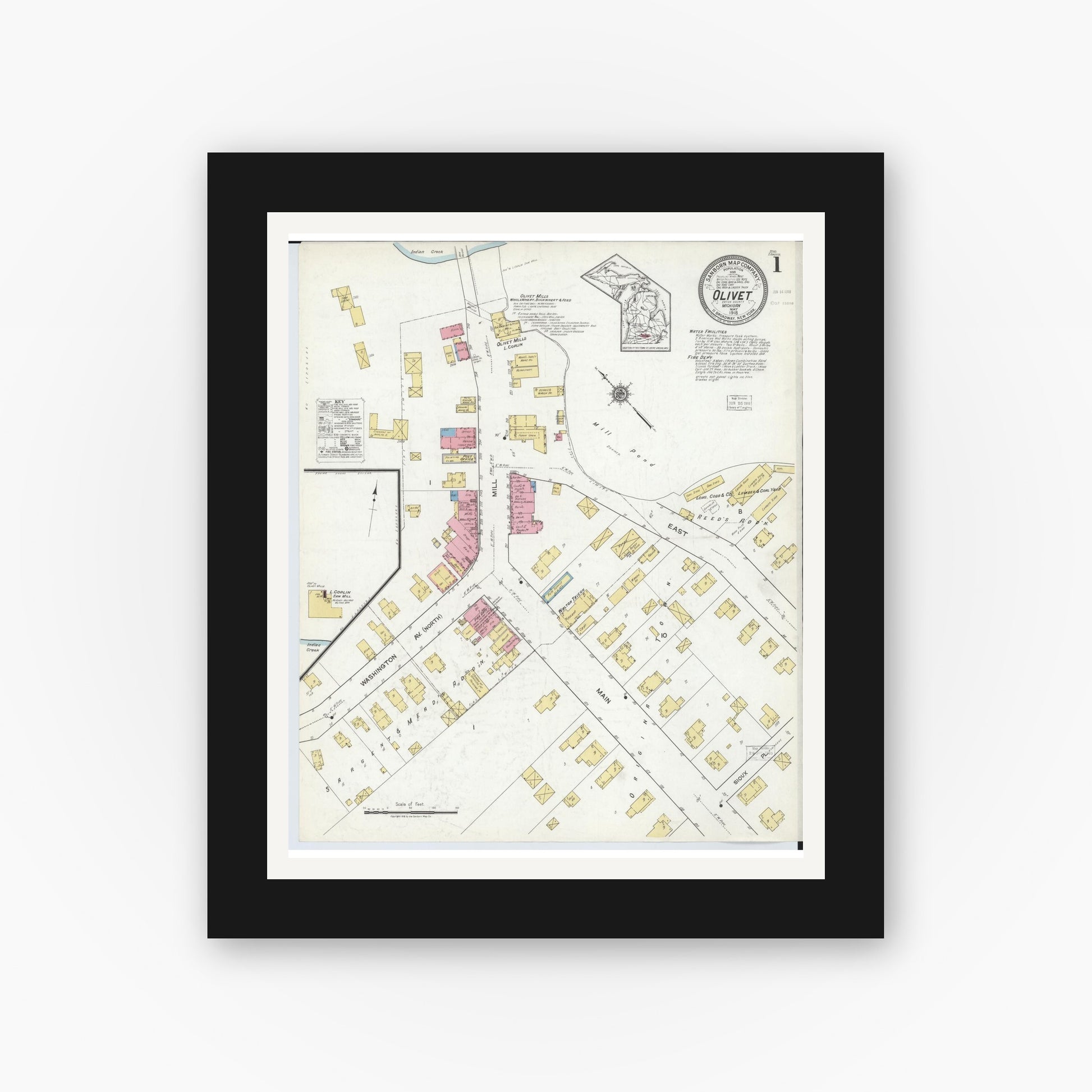 Old map wall art mockup — black gallery frame with white mat — Sanborn Fire Insurance Map from Olivet, Eaton County, Michigan (1918) - Complete Map Set