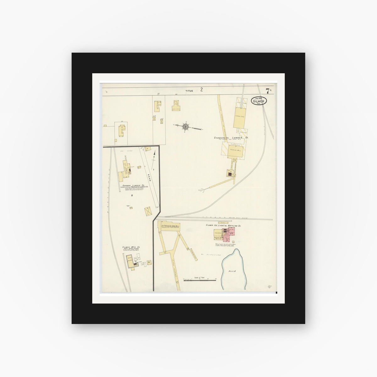 Old map wall art mockup — black gallery frame with white mat — Sanborn Fire Insurance Map from Gilmer, Upshur County, Texas (1912), Sheet #0007