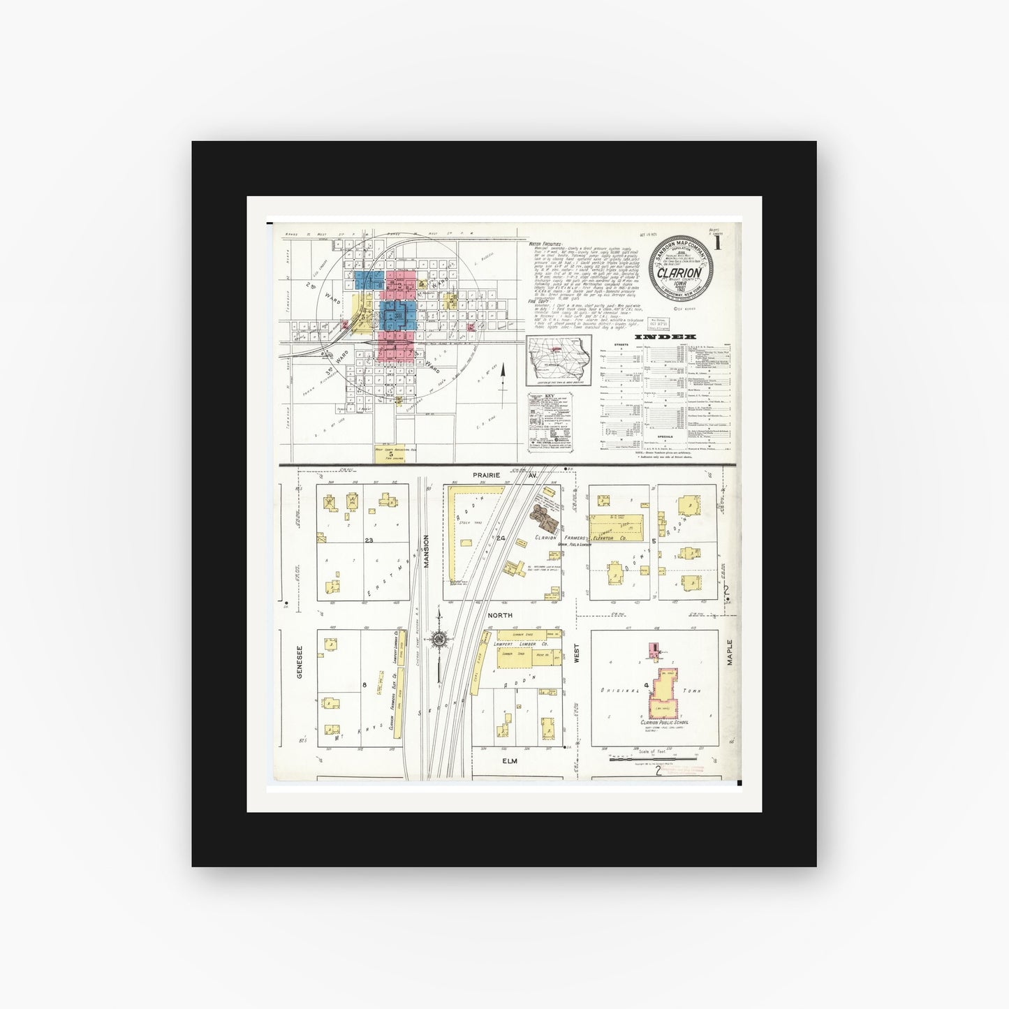Old map wall art mockup — black gallery frame with white mat — Sanborn Fire Insurance Map from Clarion, Wright County, Iowa (1921), Sheet #0001