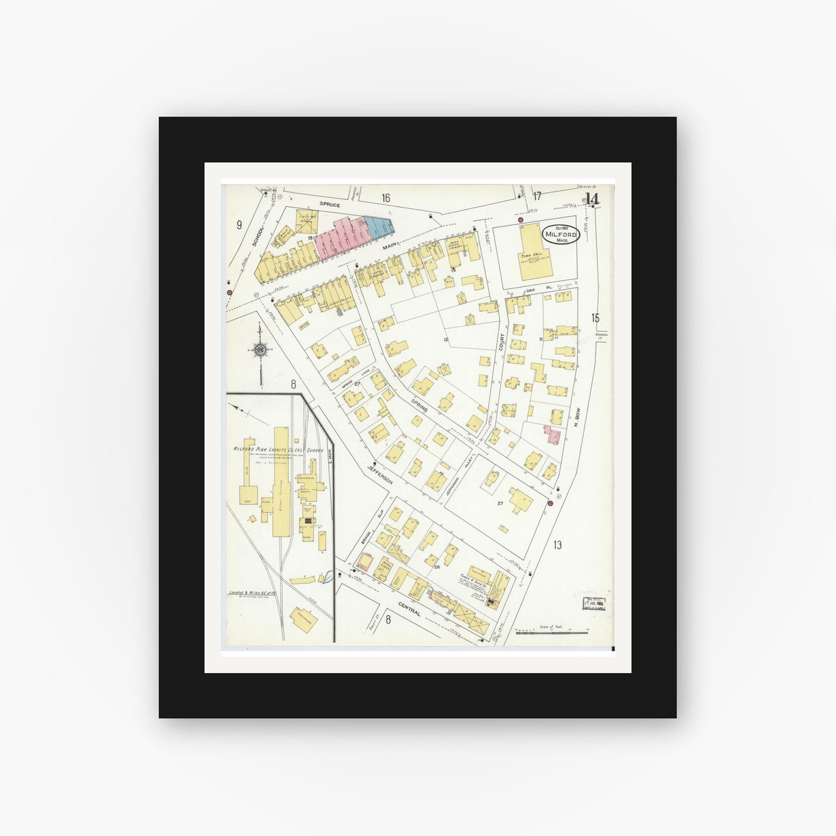 Old map wall art mockup — black gallery frame with white mat — Sanborn Fire Insurance Map from Milford, Worcester County, Massachusetts (1910), Sheet #0014