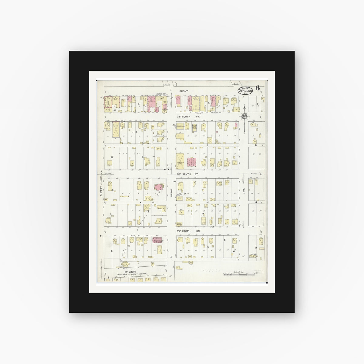 Old map wall art mockup — black gallery frame with white mat — Sanborn Fire Insurance Map from O'Fallon, Saint Clair County, Illinois (1914), Sheet #0006