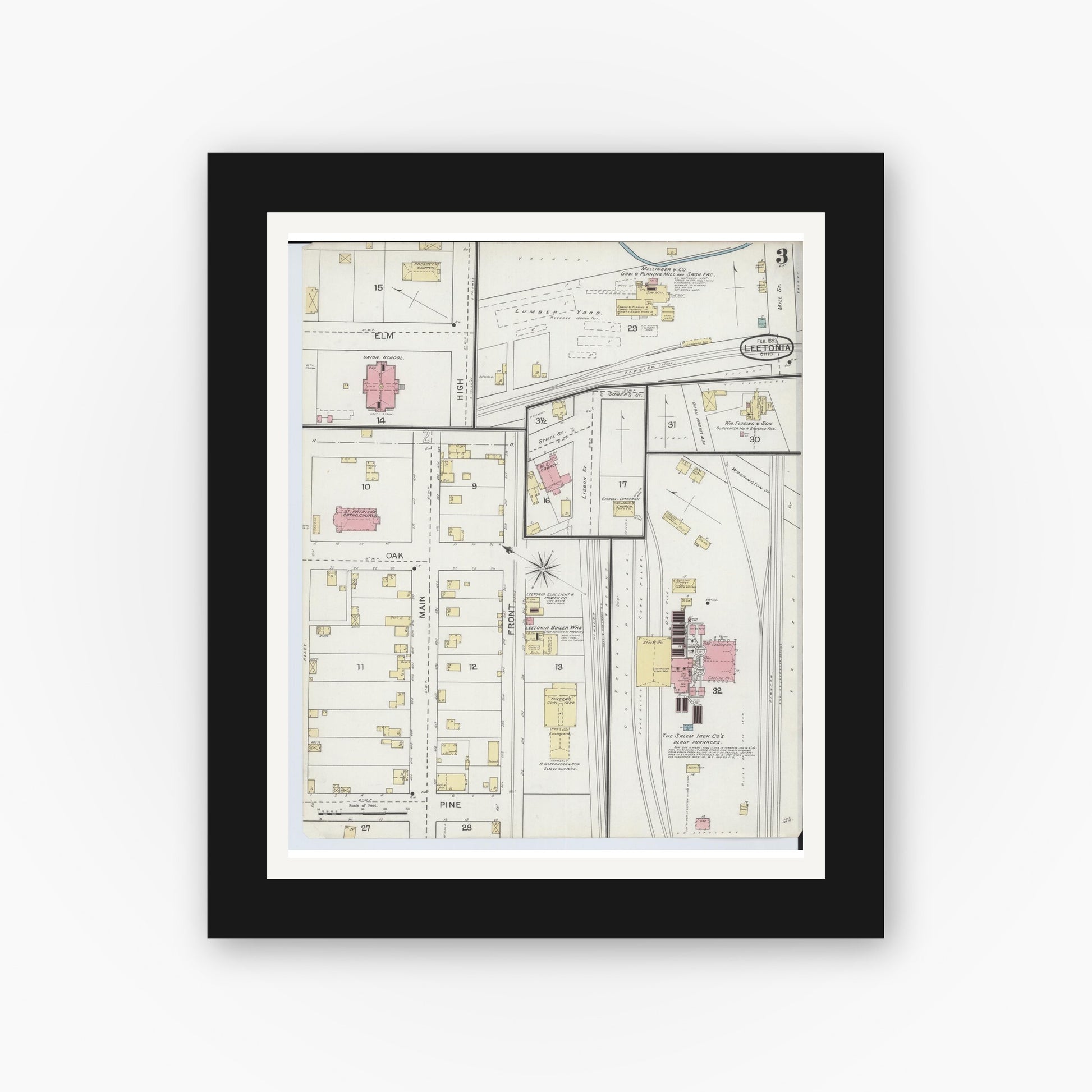 Old map wall art mockup — black gallery frame with white mat — Sanborn Fire Insurance Map from Leetonia, Columbiana County, Ohio (1893), Sheet #0003