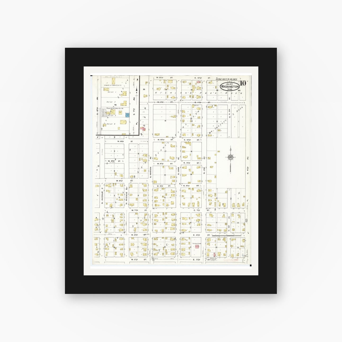 Old map wall art mockup — black gallery frame with white mat — Sanborn Fire Insurance Map from Washington, Washington County, Iowa (1917), Sheet #0010