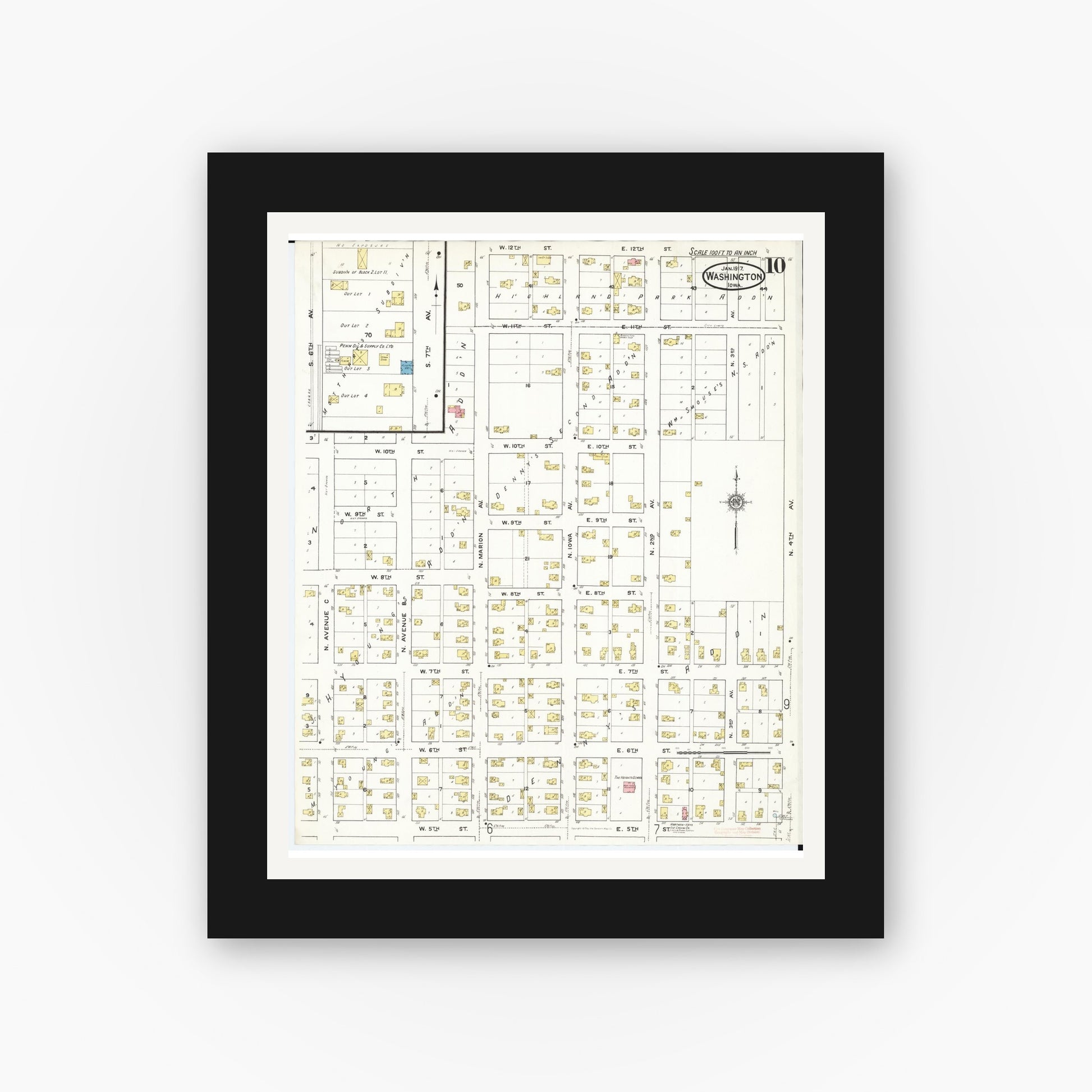 Old map wall art mockup — black gallery frame with white mat — Sanborn Fire Insurance Map from Washington, Washington County, Iowa (1917), Sheet #0010