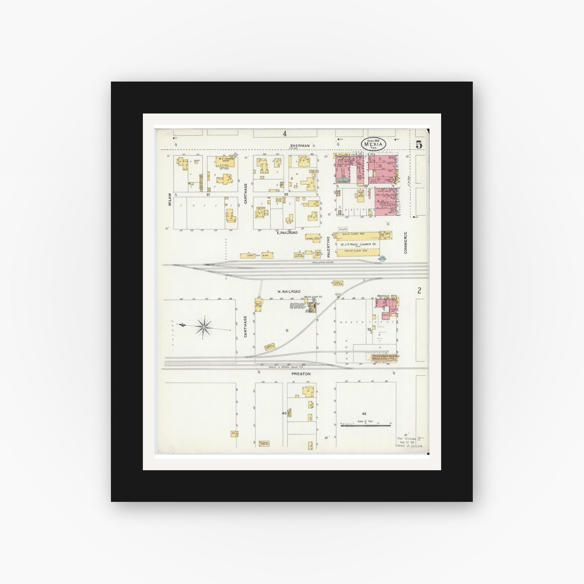 Old map wall art mockup — black gallery frame with white mat — Sanborn Fire Insurance Map from Mexia, Limestone County, Texas (1906), Sheet #0005