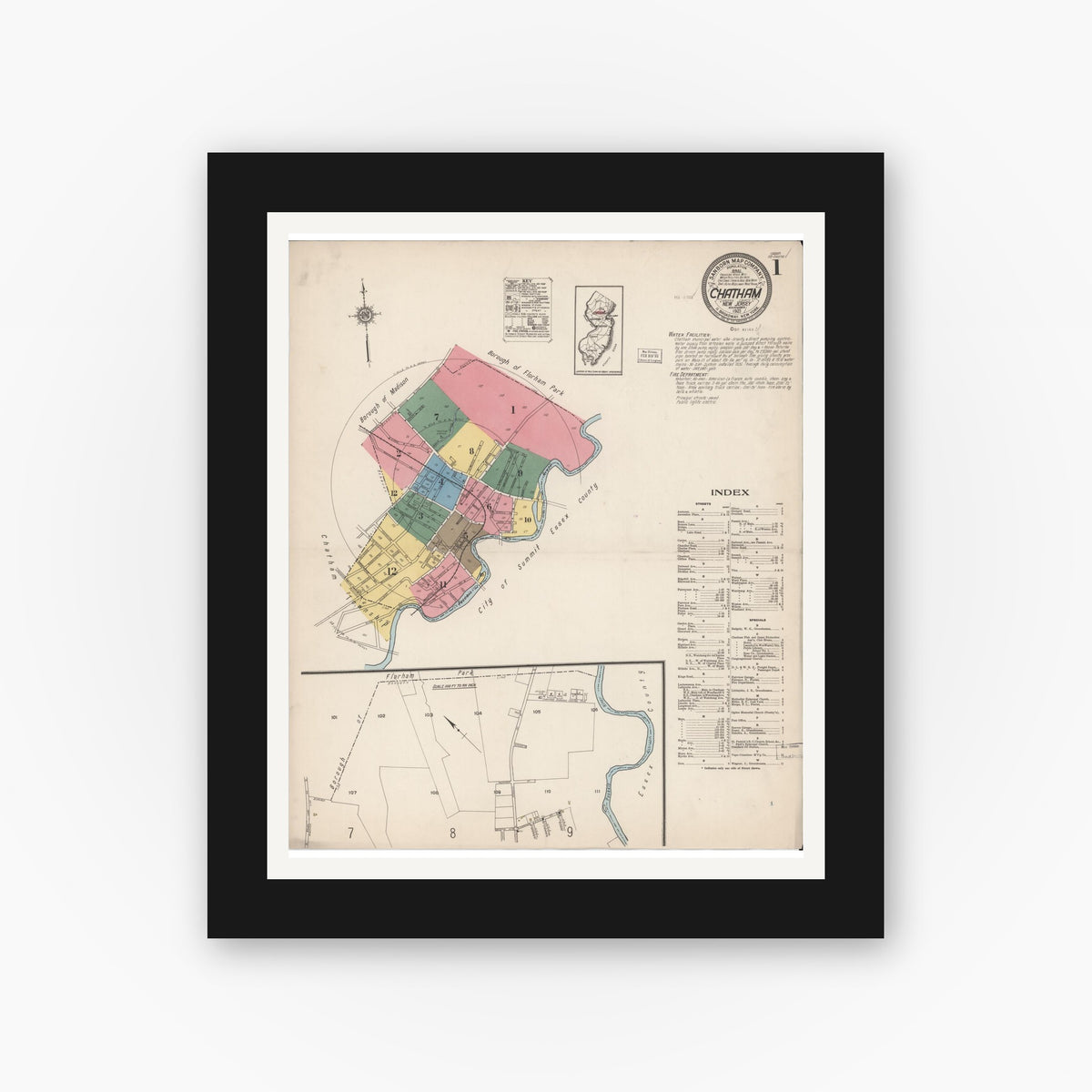 Old map wall art mockup — black gallery frame with white mat — Sanborn Fire Insurance Map from Chatham, Morris County, New Jersey (1921), Sheet #0001