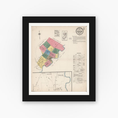 Old map wall art mockup — black gallery frame with white mat — Sanborn Fire Insurance Map from Chatham, Morris County, New Jersey (1921), Sheet #0001