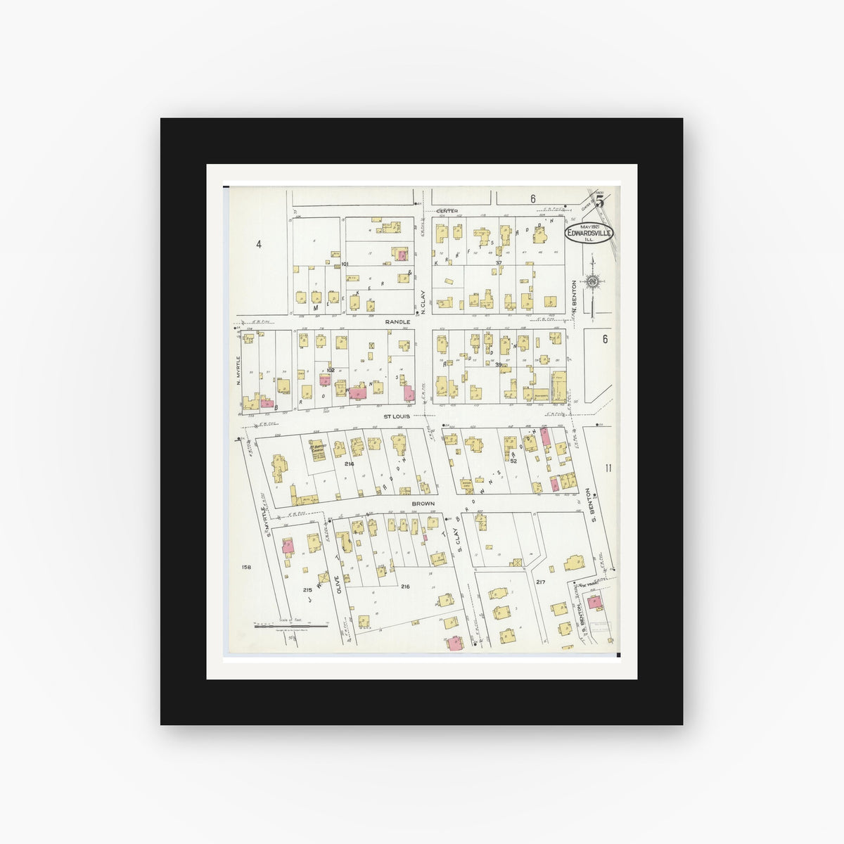 Old map wall art mockup — black gallery frame with white mat — Sanborn Fire Insurance Map from Edwardsville, Madison County, Illinois (1921), Sheet #0005
