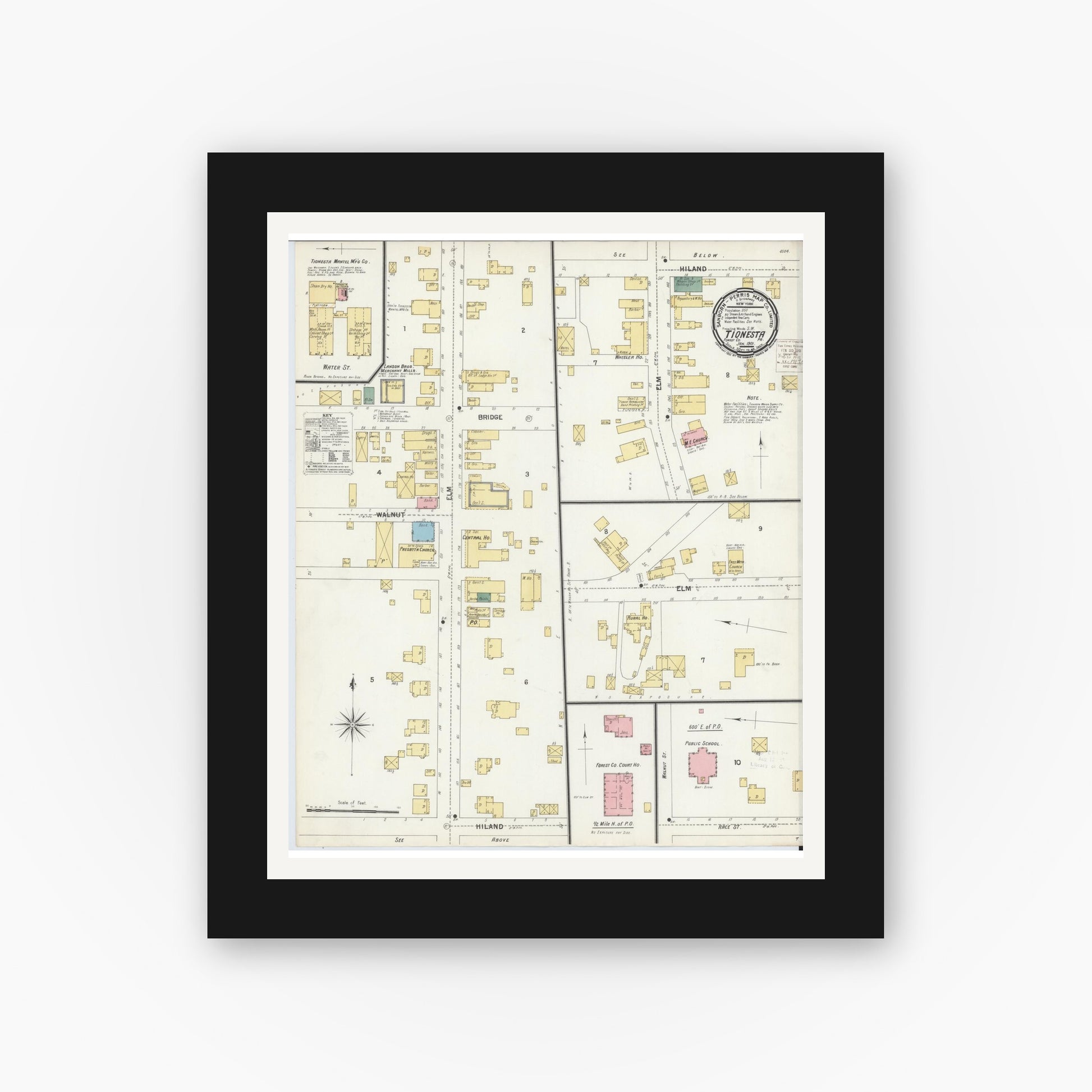 Old map wall art mockup — black gallery frame with white mat — Sanborn Fire Insurance Map from Tionesta, Forest County, Pennsylvania (1901), Sheet #0001