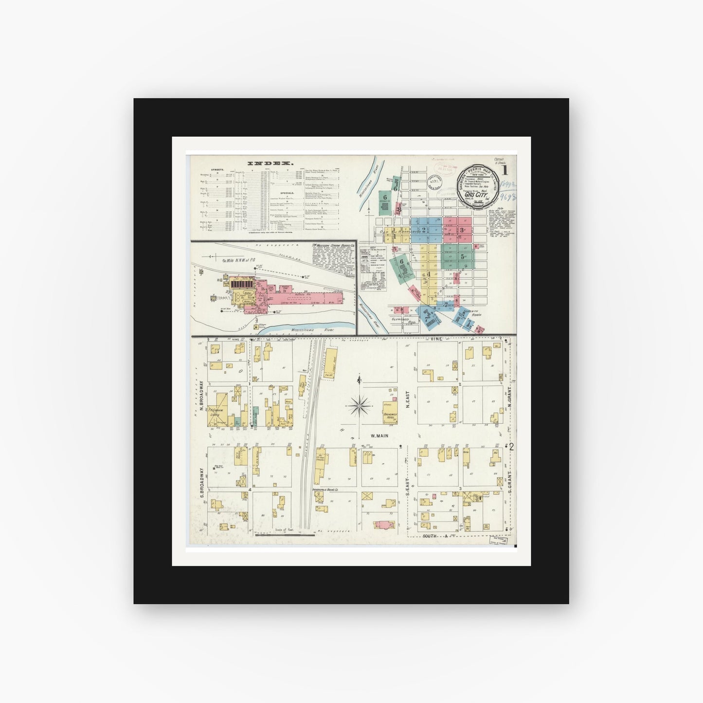 Old map wall art mockup — black gallery frame with white mat — Sanborn Fire Insurance Map from Gas City, Grant County, Indiana (1898), Sheet #0001