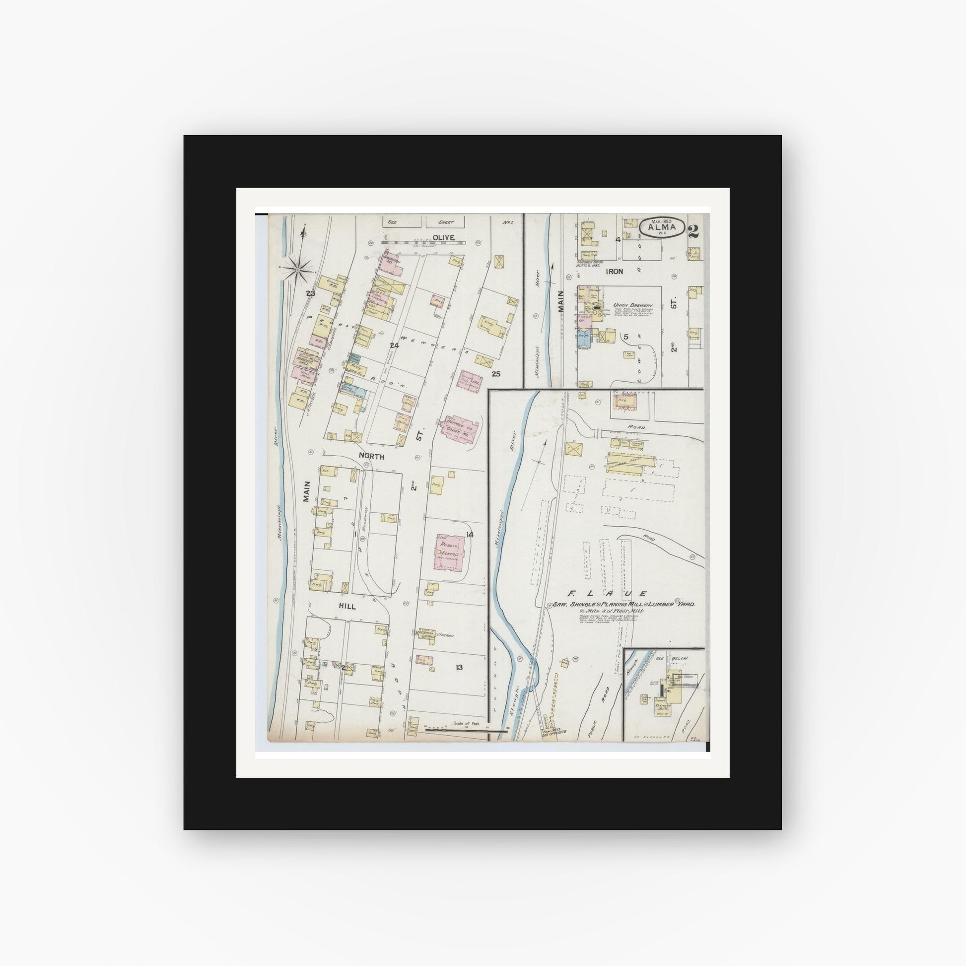 Old map wall art mockup — black gallery frame with white mat — Sanborn Fire Insurance Map from Alma, Buffalo County, Wisconsin (1889), Sheet #0002