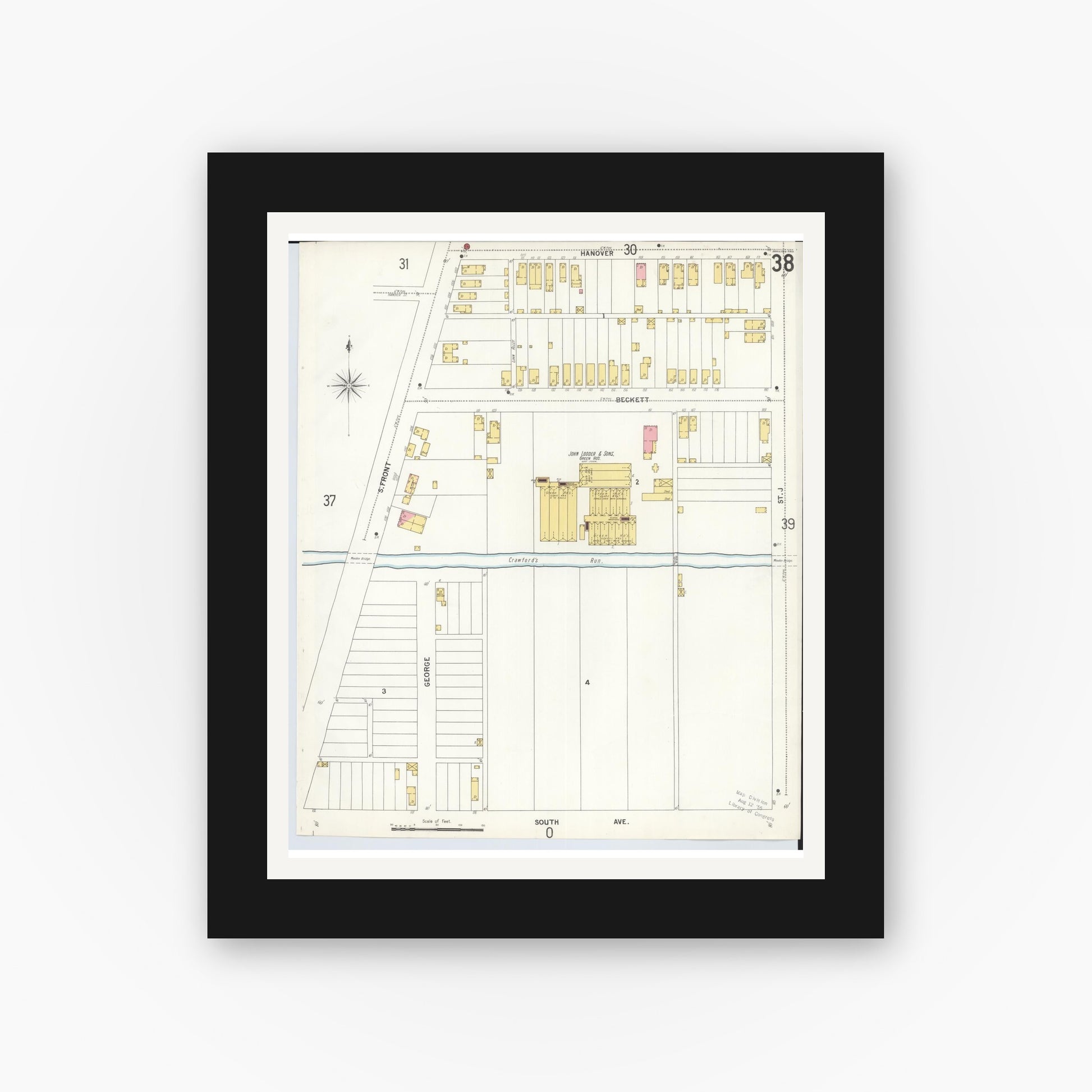 Old map wall art mockup — black gallery frame with white mat — Sanborn Fire Insurance Map from Hamilton, Butler County, Ohio (1899), Sheet #0038