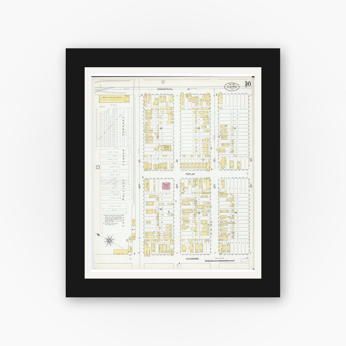 Old map wall art mockup — black gallery frame with white mat — Sanborn Fire Insurance Map from Cairo, Alexander County, Illinois (1901), Sheet #0016