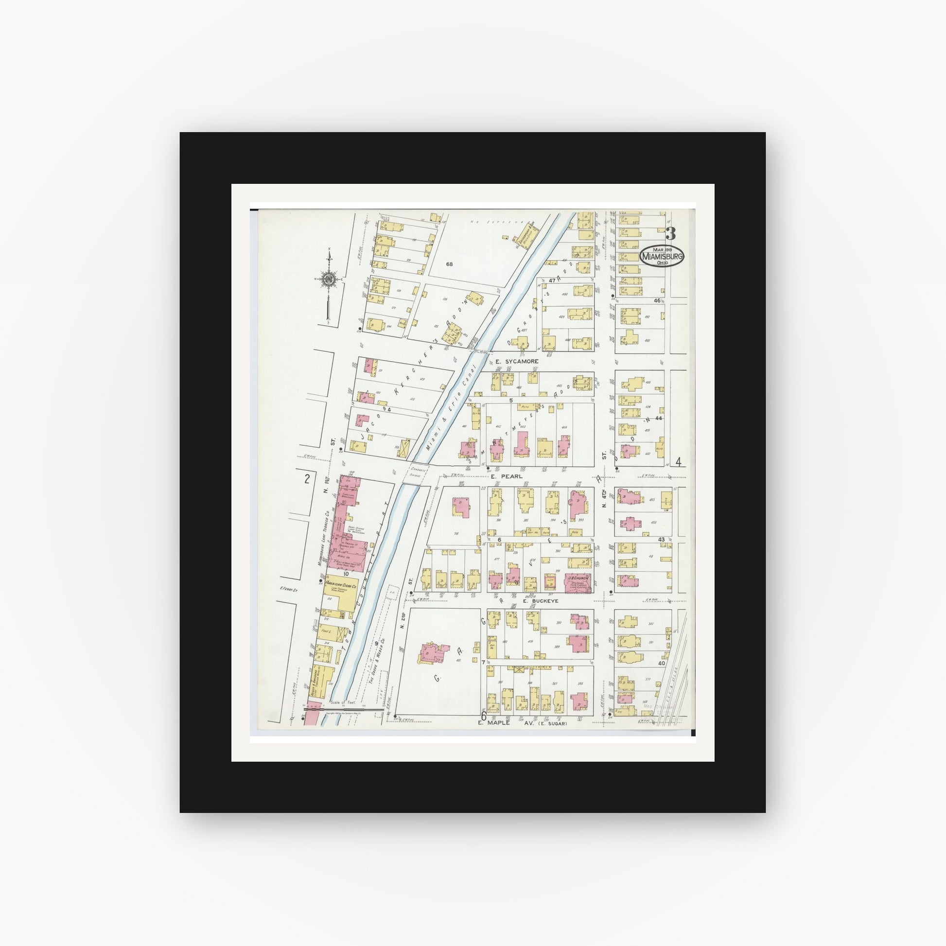 Old map wall art mockup — black gallery frame with white mat — Sanborn Fire Insurance Map from Miamisburg, Montgomery County, Ohio (1919), Sheet #0003