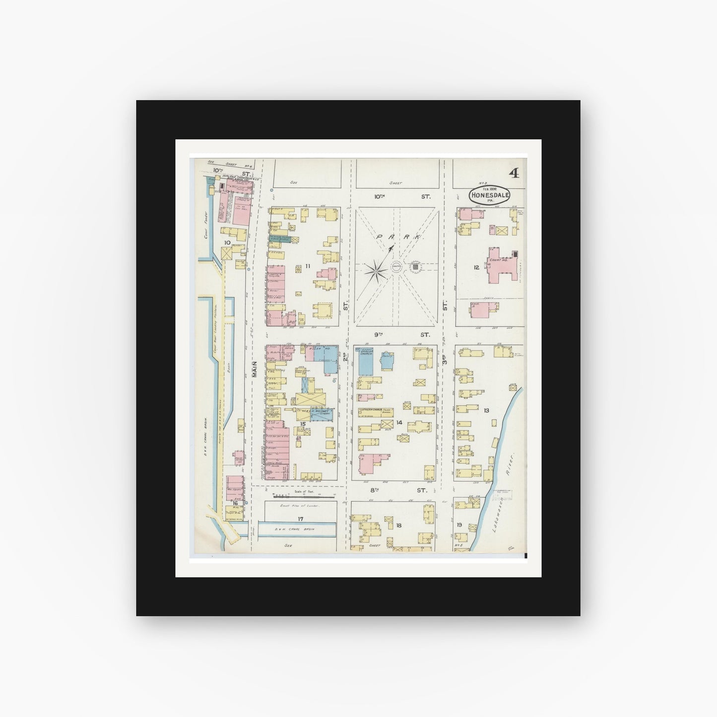 Old map wall art mockup — black gallery frame with white mat — Sanborn Fire Insurance Map from Honesdale, Wayne County, Pennsylvania (1892), Sheet #0004