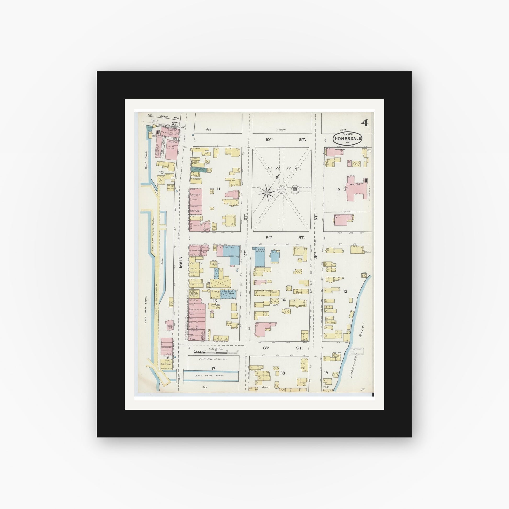 Old map wall art mockup — black gallery frame with white mat — Sanborn Fire Insurance Map from Honesdale, Wayne County, Pennsylvania (1892), Sheet #0004