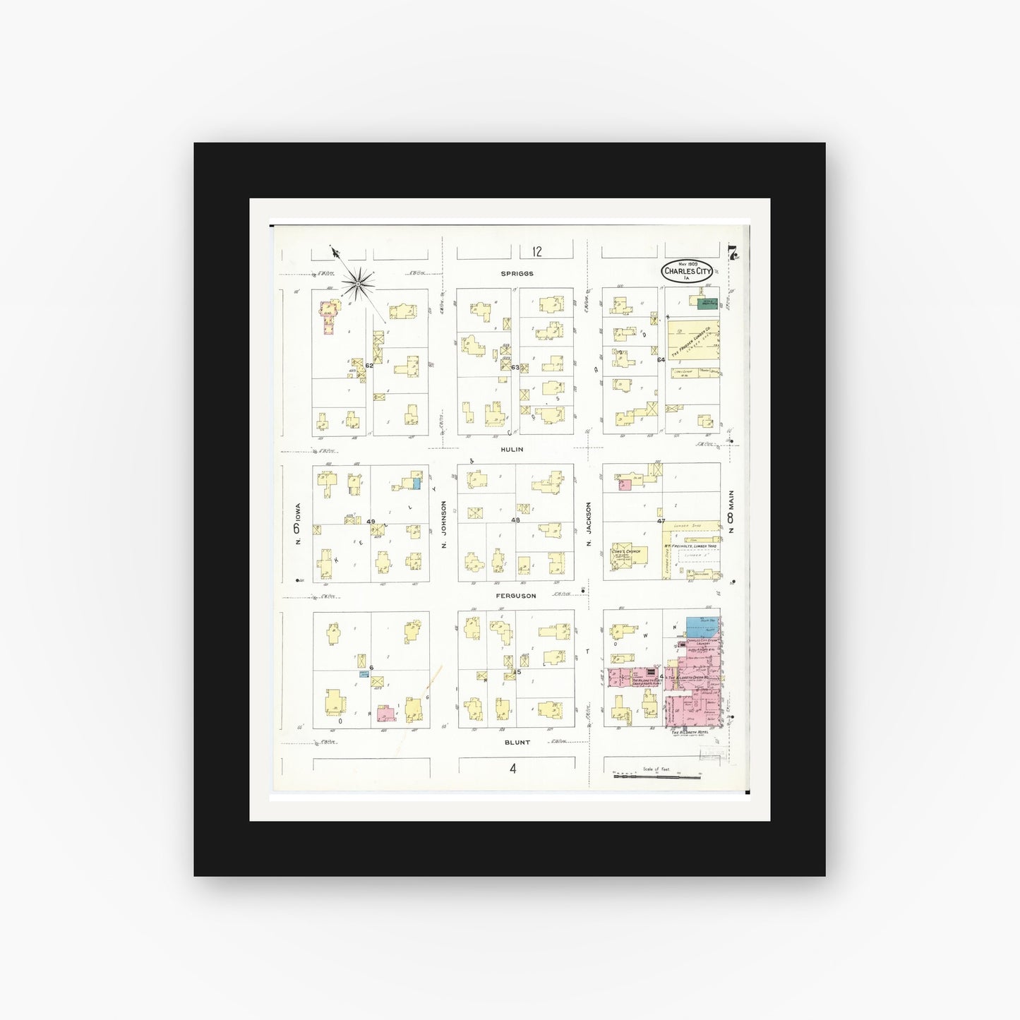 Old map wall art mockup — black gallery frame with white mat — Sanborn Fire Insurance Map from Charles City, Floyd County, Iowa (1909), Sheet #0007